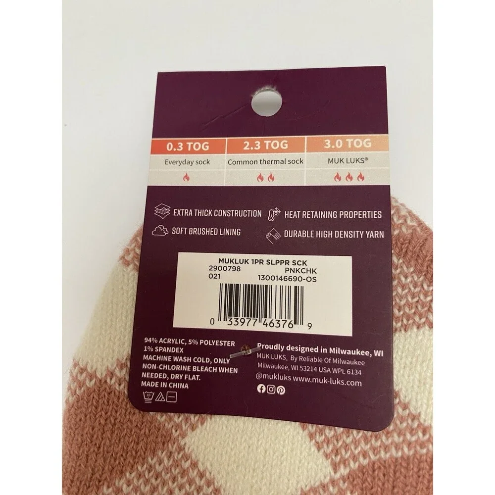 MUK LUKS Thermal Slipper Socks Woman’s 3.0 TOG Rating Size 6-10 Shoe PINK CHECK